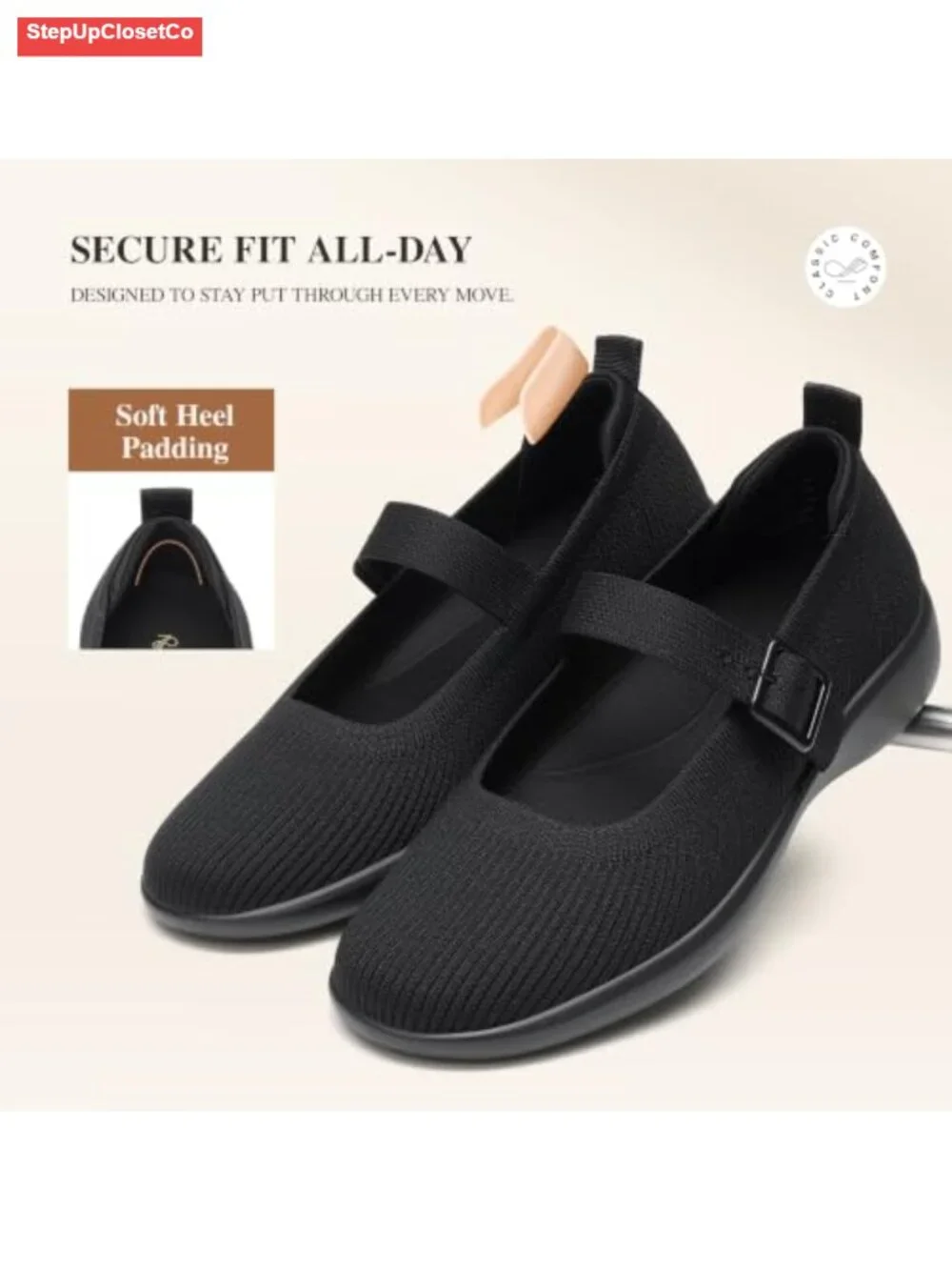 Mary Jane Ballet Flats, Breathable Knit, Arch Support, Machine Washable